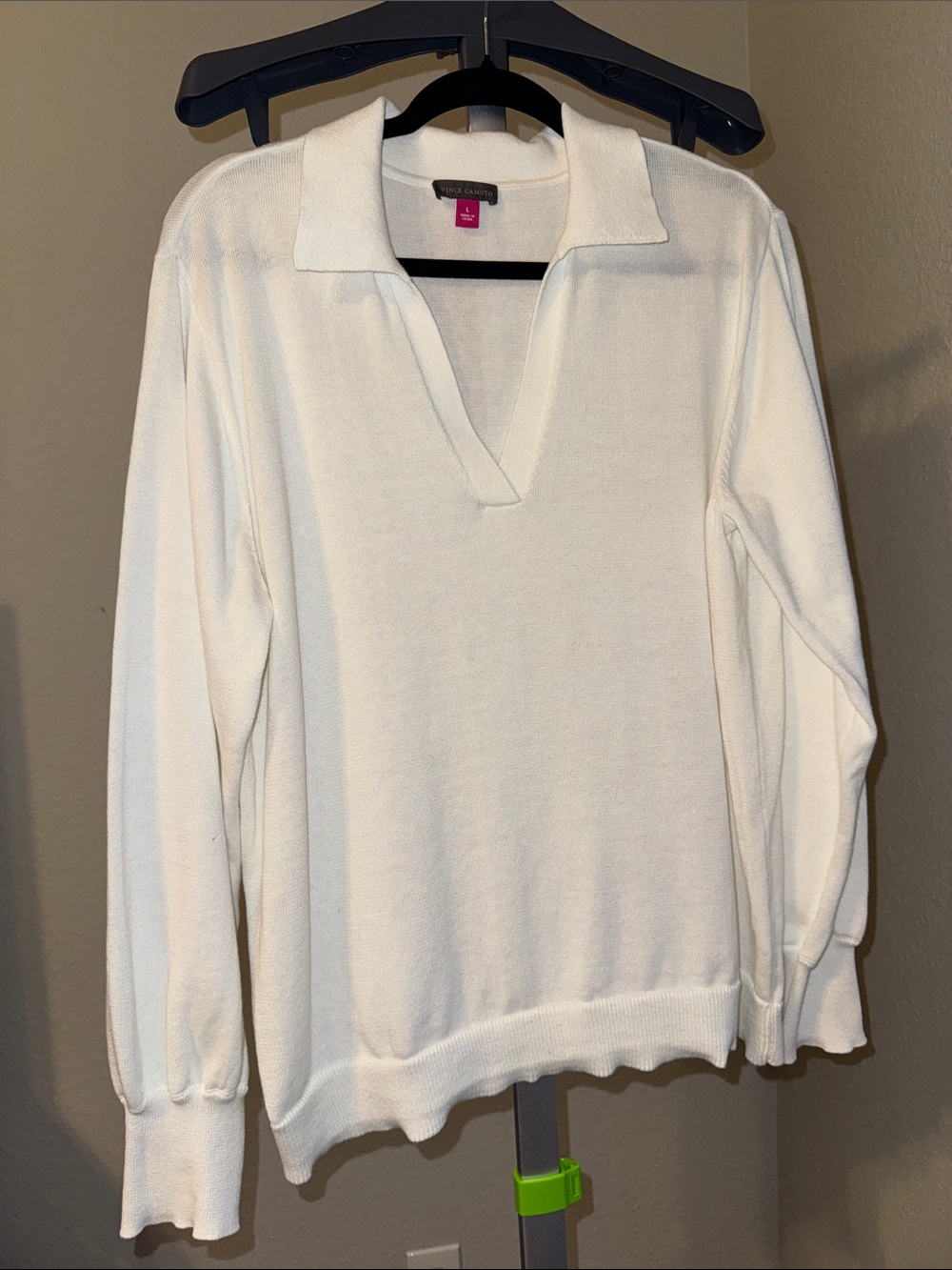 Vince Camuto White Long Sleeve Polo V-Neck Sweater